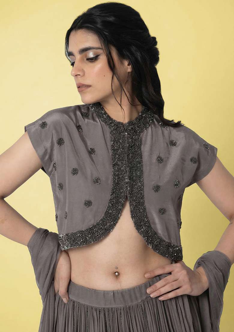 Grey Crepe Handwork Lehenga Set - Indya