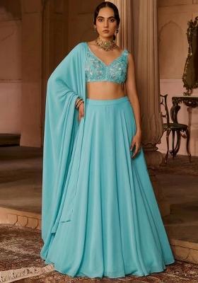 Aqua Blue Crepe Embroidered Handwork Lehenga Set