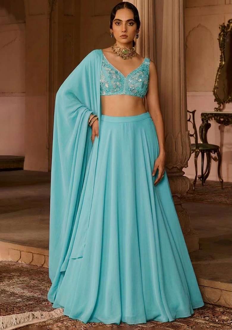 Aqua Blue Crepe Embroidered Handwork Lehenga Set - Indya