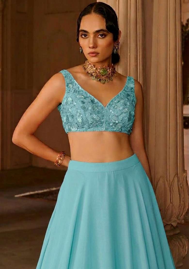 Aqua Blue Crepe Embroidered Handwork Lehenga Set - Indya