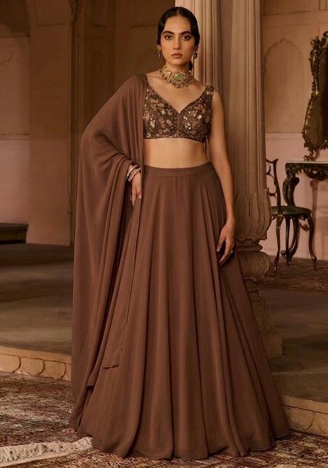 Brown Crepe Embroidered Handwork Lehenga Set