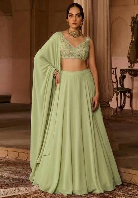 Sage Green Crepe Embroidered Handwork Lehenga Set