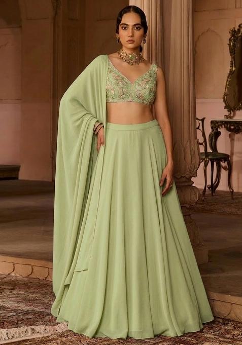 Sage Green Crepe Embroidered Handwork Lehenga Set