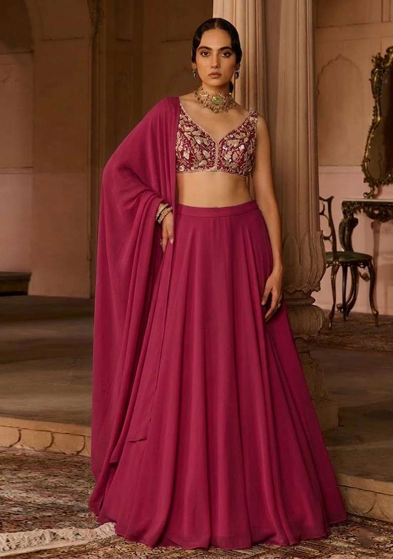 Pink Crepe Embroidered Handwork Lehenga Set - Indya