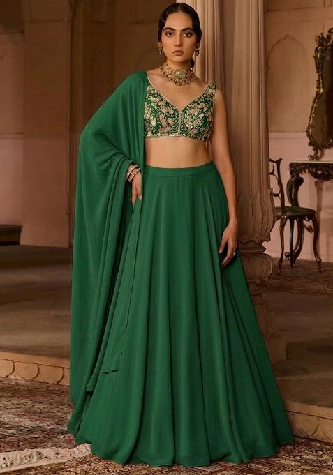 Green Crepe Embroidered Handwork Lehenga Set