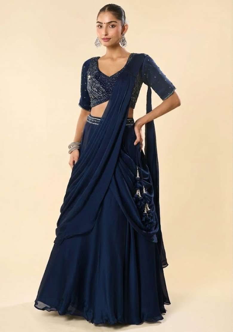 Blue Crepe Embellished Handwork Lehenga Set - Indya