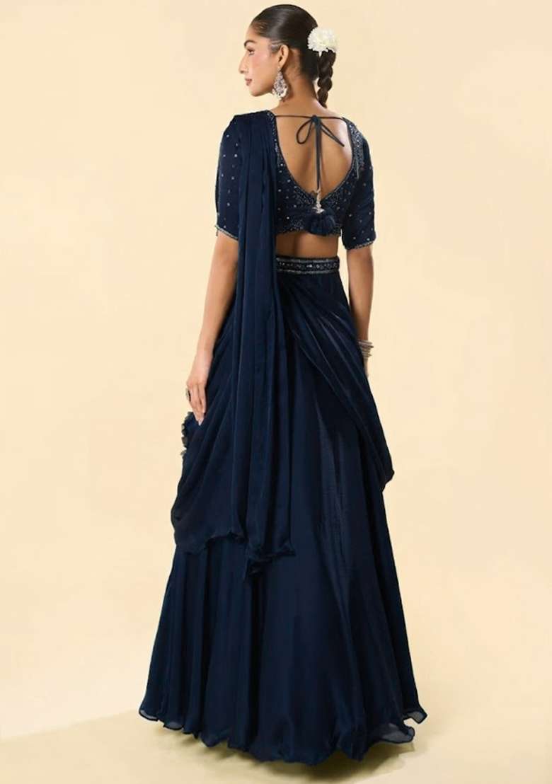 Blue Crepe Embellished Handwork Lehenga Set - Indya