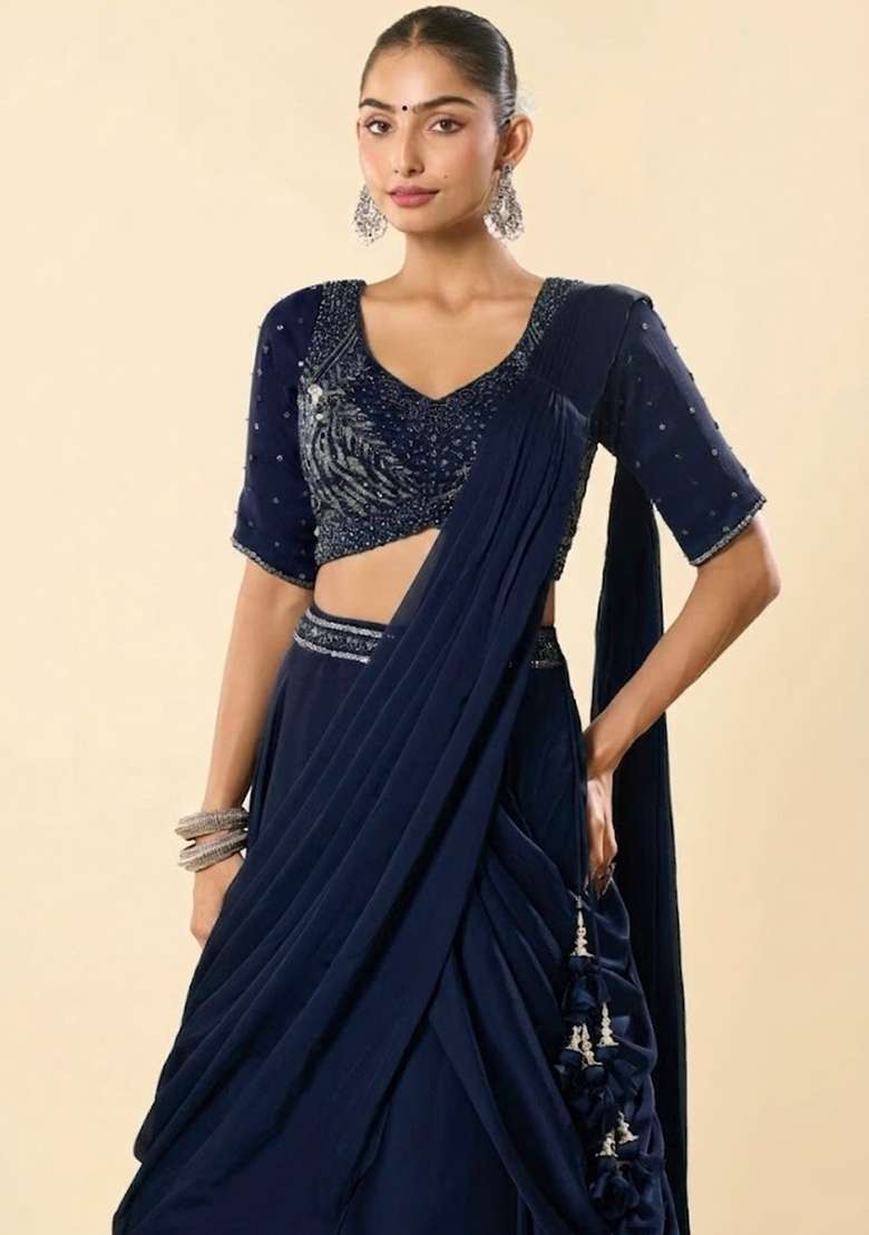 Blue Crepe Embellished Handwork Lehenga Set - Indya
