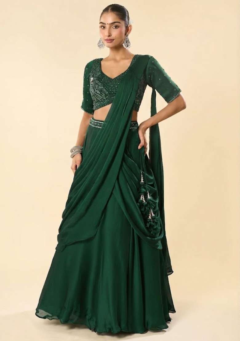 Green Crepe Embellished Handwork Lehenga Set - Indya
