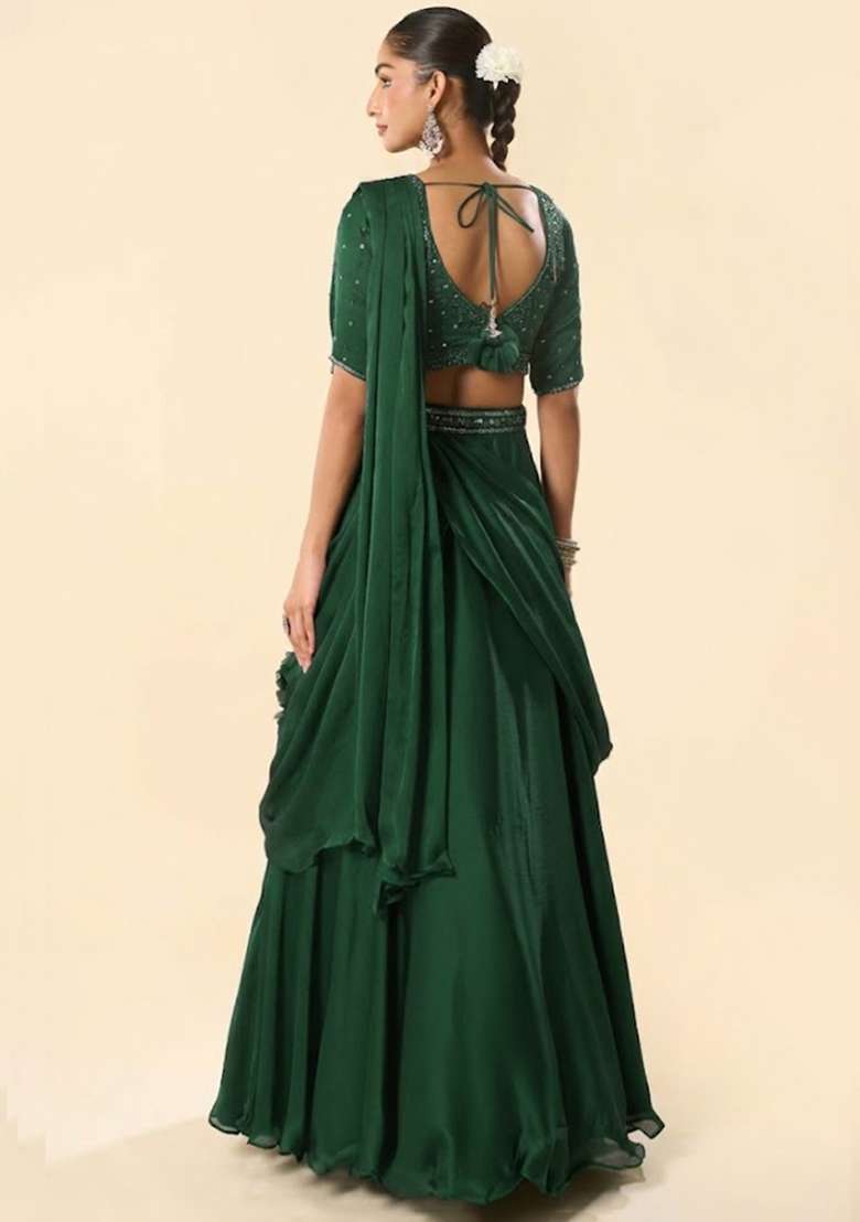 Green Crepe Embellished Handwork Lehenga Set - Indya