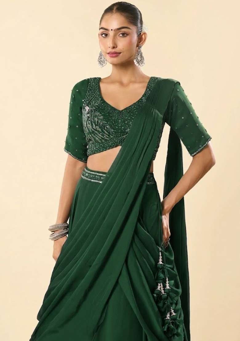 Green Crepe Embellished Handwork Lehenga Set - Indya