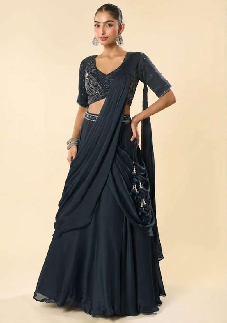 Grey Crepe Embellished Handwork Lehenga Set - Indya