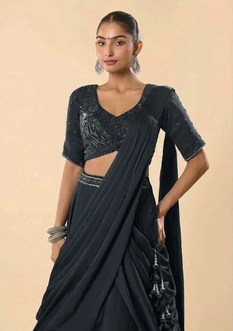 Grey Crepe Embellished Handwork Lehenga Set - Indya
