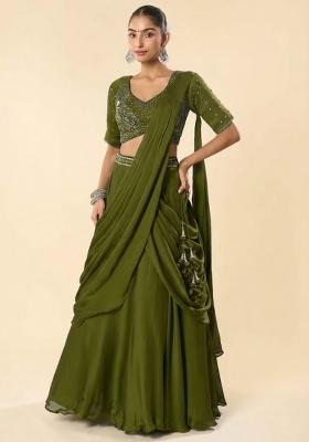 Olive Green Crepe Embellished Handwork Lehenga Set