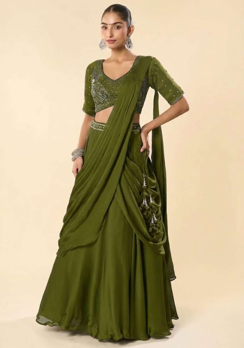 Olive Green Crepe Embellished Handwork Lehenga Set - Indya
