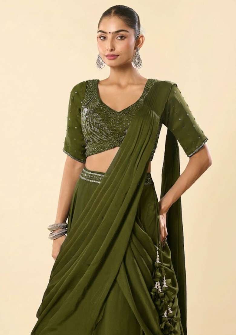 Olive Green Crepe Embellished Handwork Lehenga Set - Indya