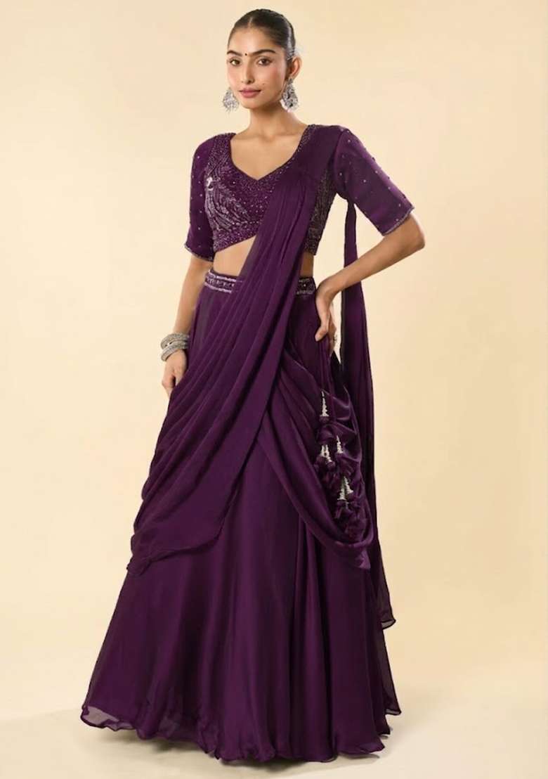 Purple Crepe Embellished Handwork Lehenga Set - Indya