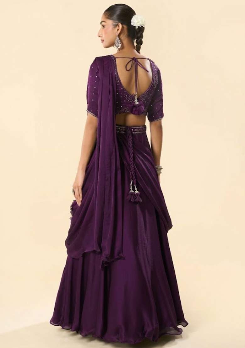 Purple Crepe Embellished Handwork Lehenga Set - Indya
