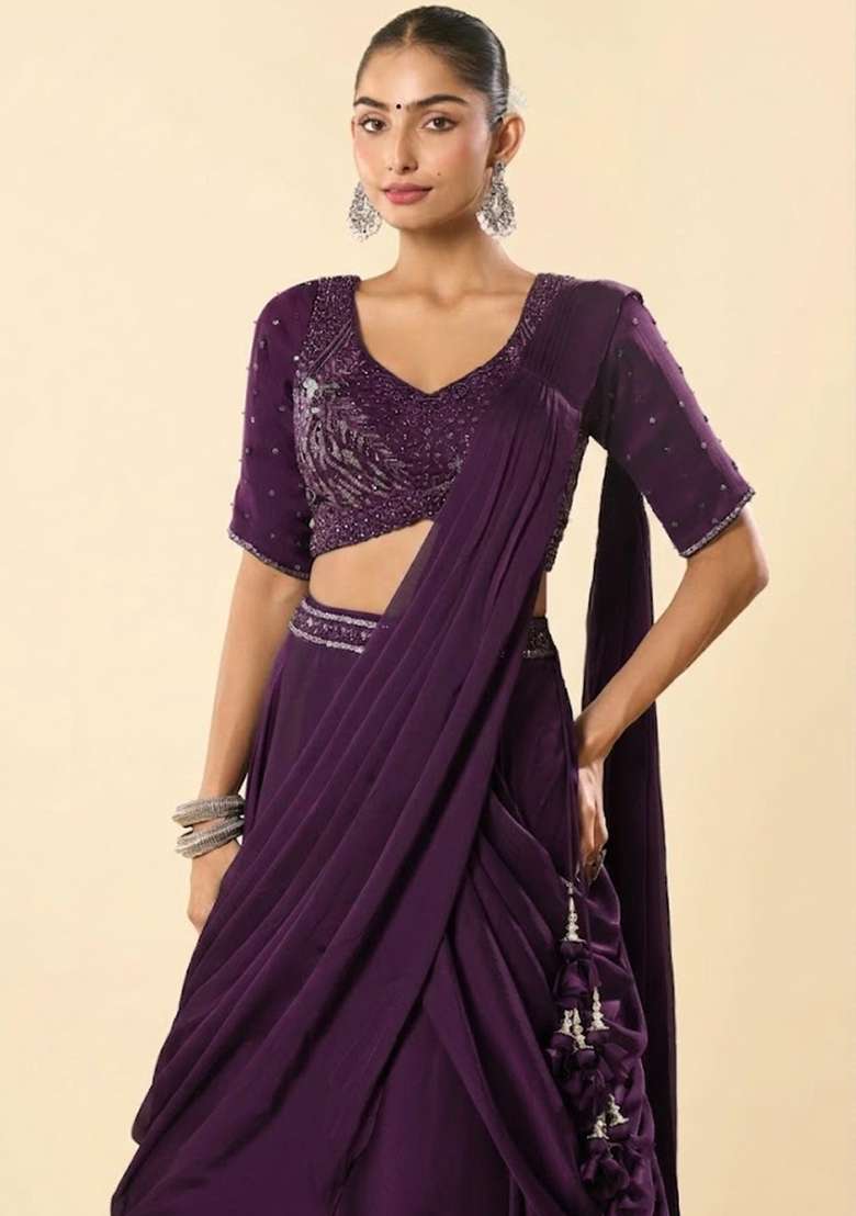 Purple Crepe Embellished Handwork Lehenga Set - Indya