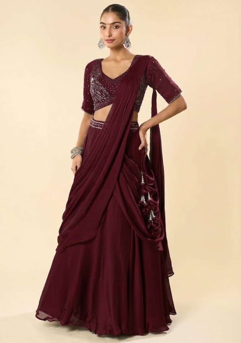 Rouge Red Crepe Embellished Handwork Lehenga Set - Indya