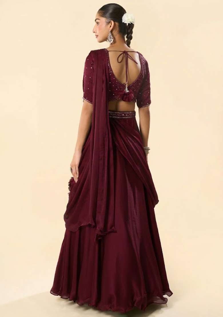 Rouge Red Crepe Embellished Handwork Lehenga Set - Indya