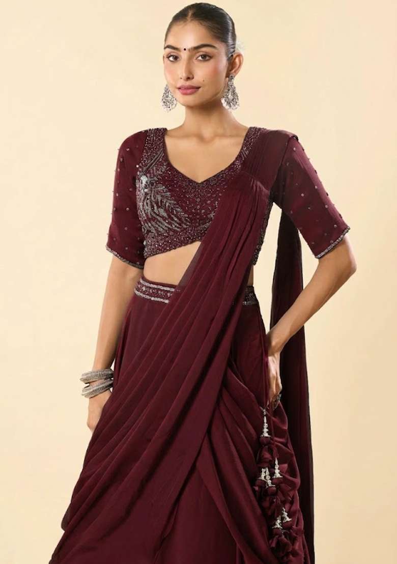 Rouge Red Crepe Embellished Handwork Lehenga Set - Indya