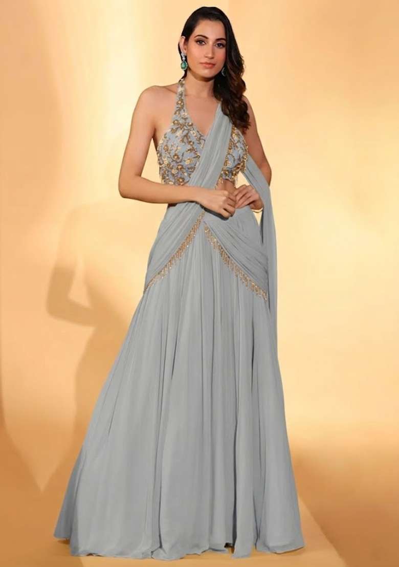 Grey Georgette Embroidered Handwork Lehenga Set - Indya