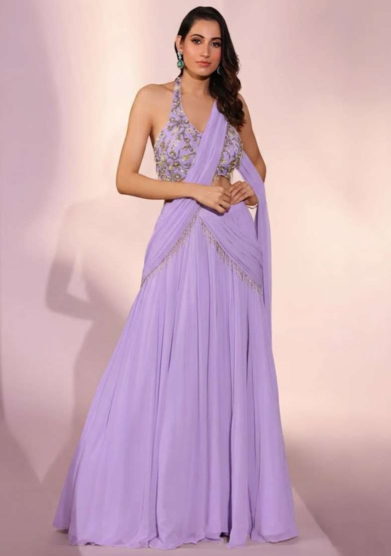 Lavender Georgette Embroidered Handwork Lehenga Set - Indya