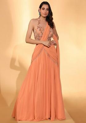 Peach Georgette Embroidered Handwork Lehenga Set