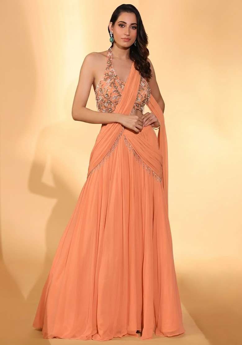 Peach Georgette Embroidered Handwork Lehenga Set - Indya