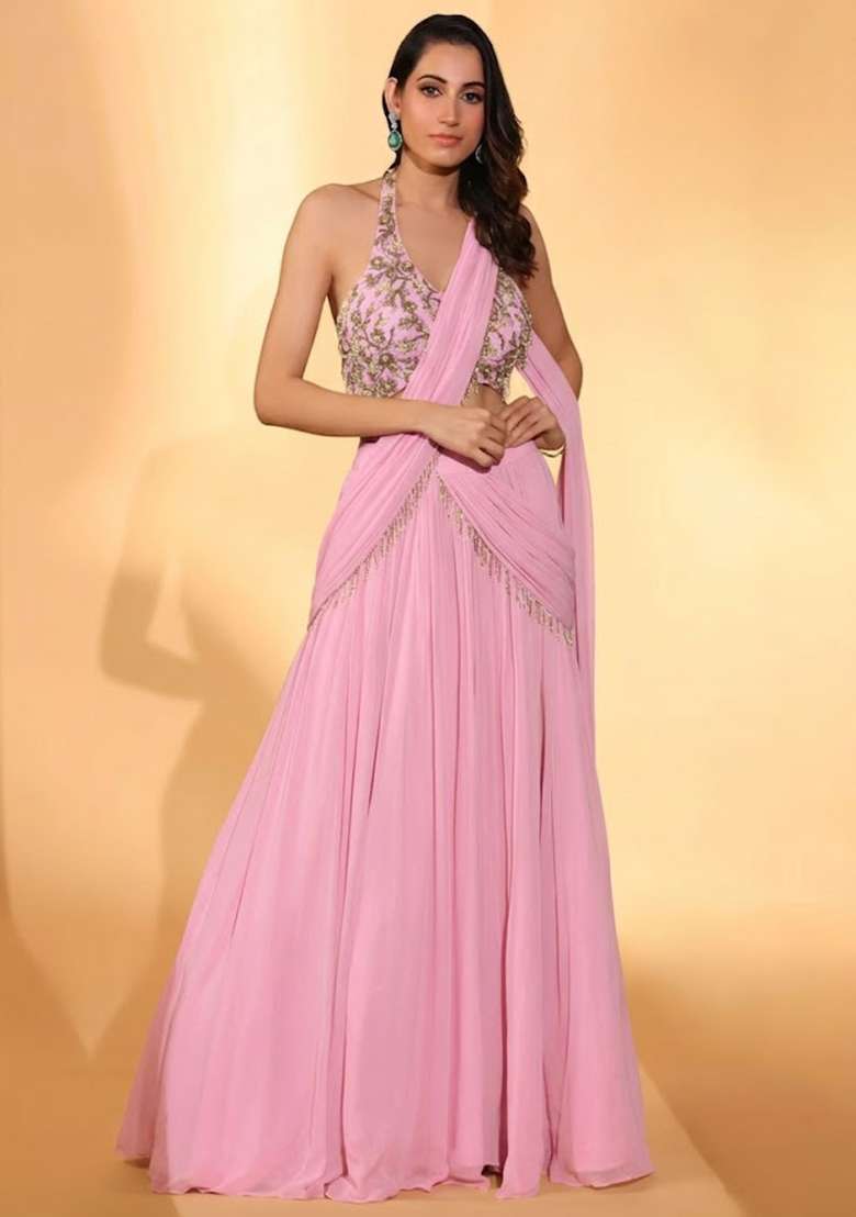 Pink Georgette Embroidered Handwork Lehenga Set - Indya