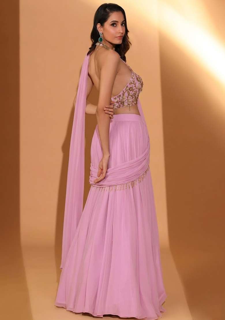 Pink Georgette Embroidered Handwork Lehenga Set - Indya