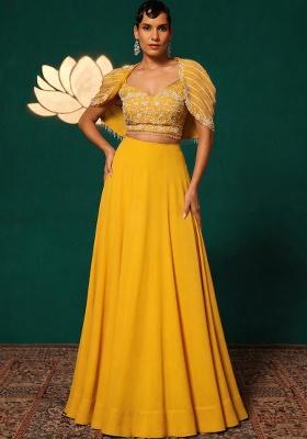 Mustard Yellow Crepe Embroidered Handwork Lehenga Set