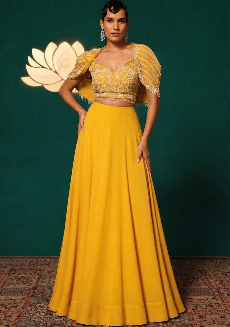 Mustard Yellow Crepe Embroidered Handwork Lehenga Set - Indya