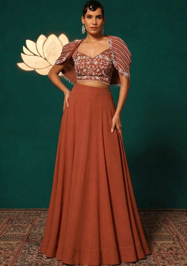 Brick Red Crepe Embroidered Handwork Lehenga Set - Indya