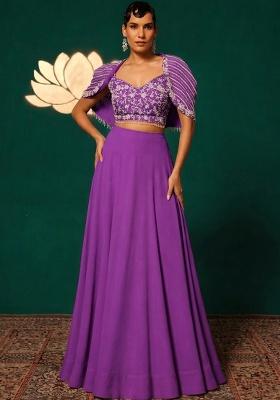 Magenta Pink Crepe Embroidered Handwork Lehenga Set