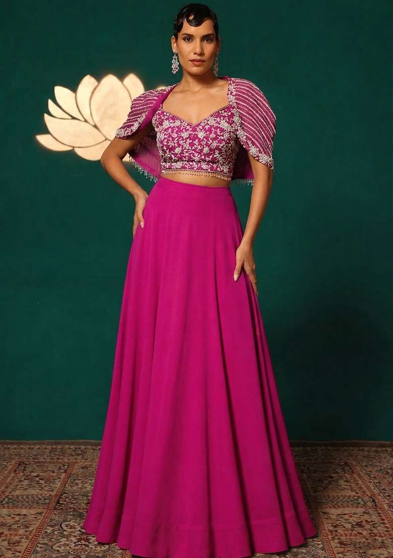 Raspberry Pink Crepe Embroidered Handwork Lehenga Set - Indya