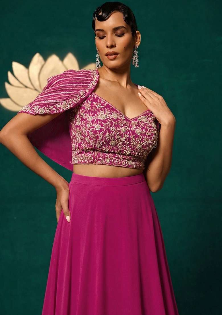 Raspberry Pink Crepe Embroidered Handwork Lehenga Set - Indya