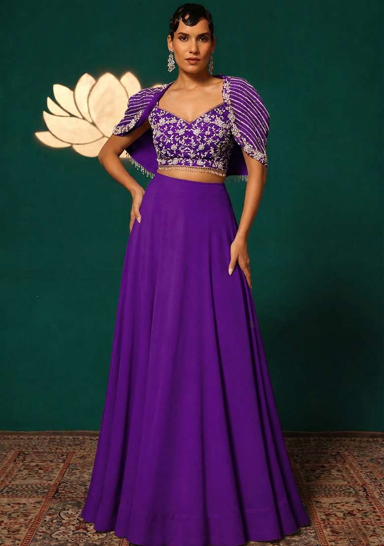 Violet Crepe Embroidered Handwork Lehenga Set - Indya