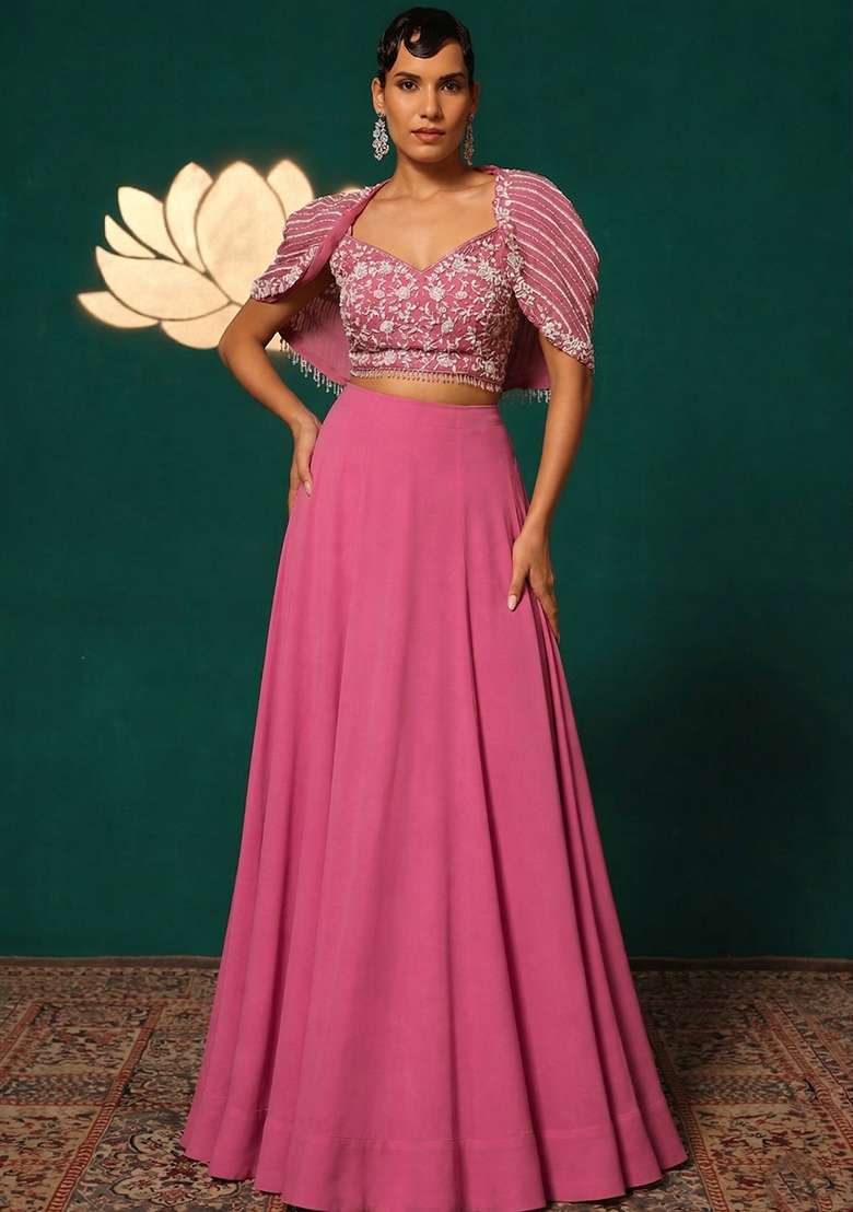 Plum Crepe Embroidered Handwork Lehenga Set - Indya