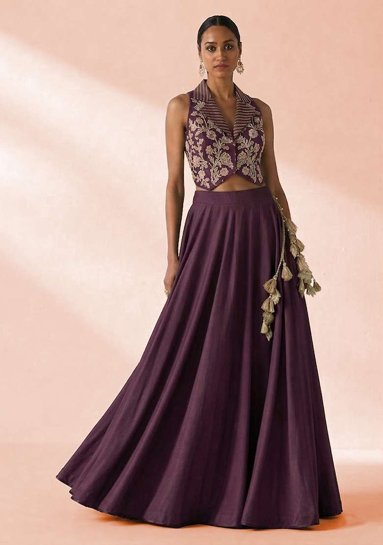 Deep Purple Crepe Embroidered Handwork Lehenga Set - Indya