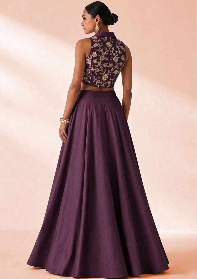 Deep Purple Crepe Embroidered Handwork Lehenga Set - Indya