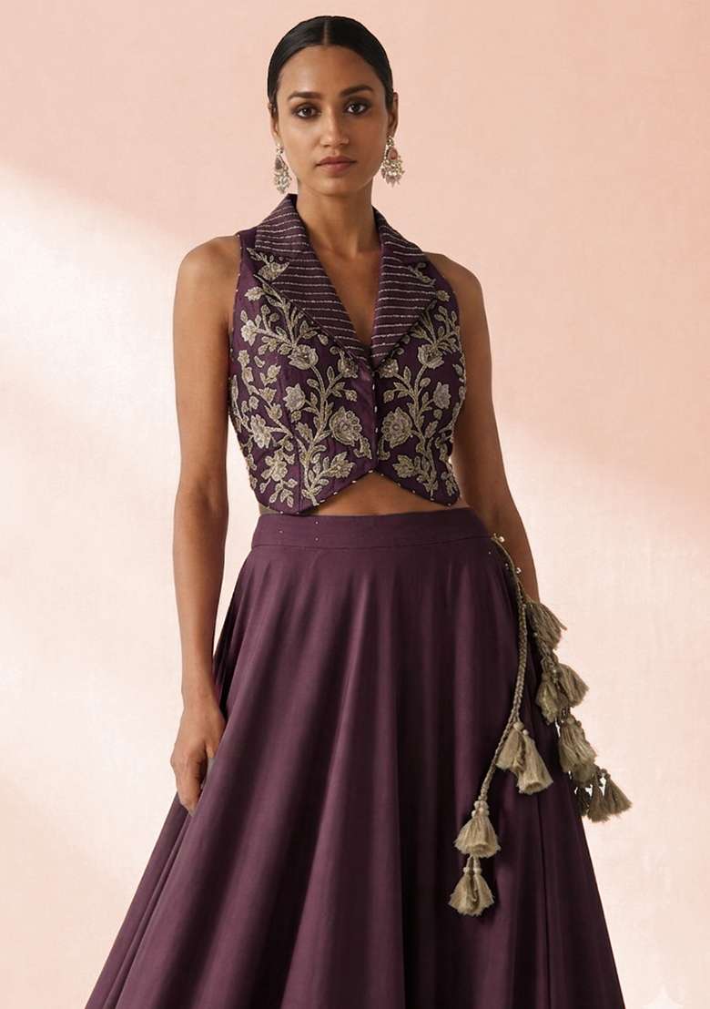 Deep Purple Crepe Embroidered Handwork Lehenga Set - Indya