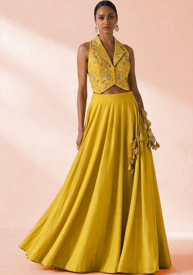 Pastel Yellow Crepe Embroidered Handwork Lehenga Set - Indya