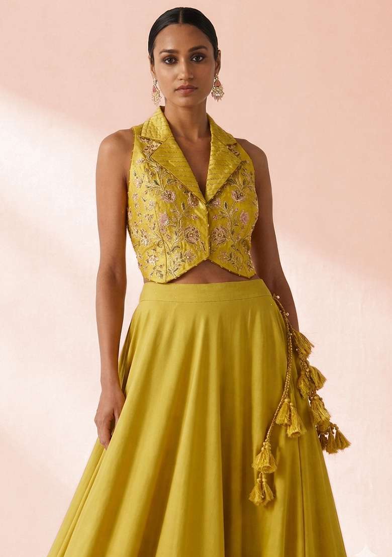 Pastel Yellow Crepe Embroidered Handwork Lehenga Set - Indya