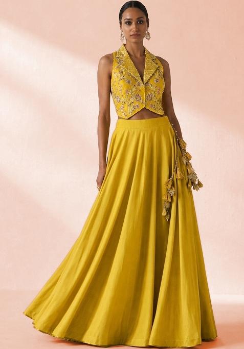 Pastel Yellow Crepe Embroidered Handwork Lehenga Set