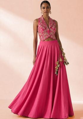 Fuchsia Pink Crepe Embroidered Handwork Lehenga Set