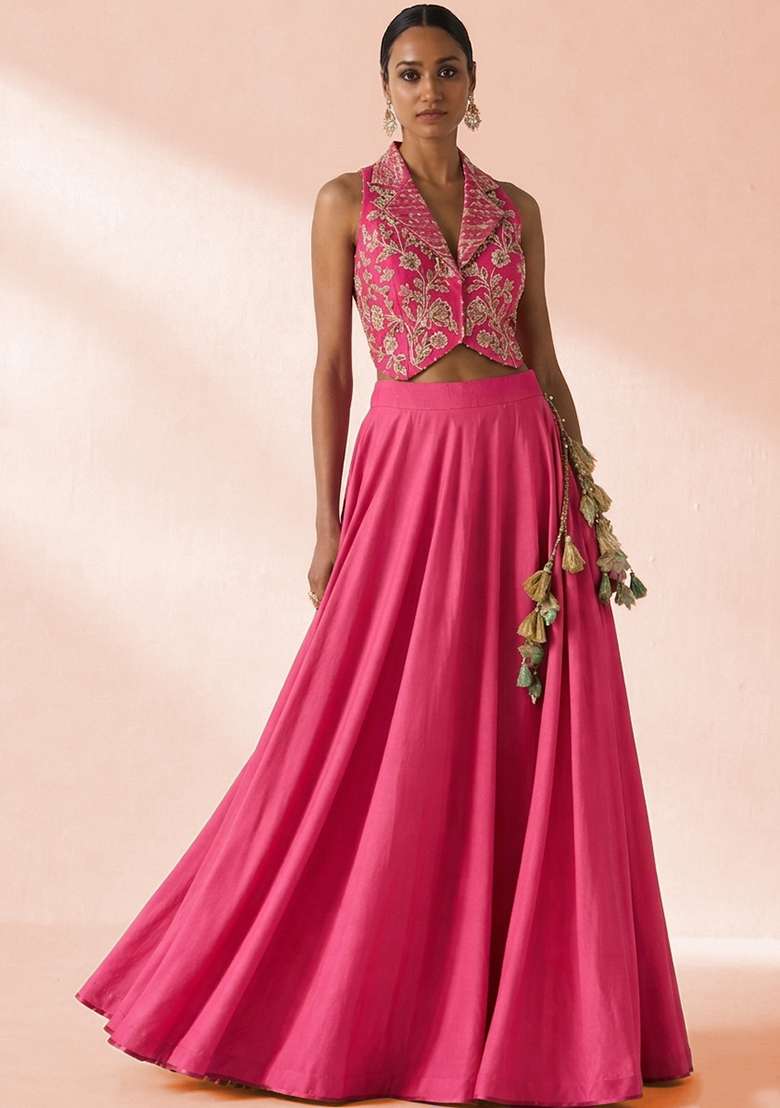 Fuchsia Pink Crepe Embroidered Handwork Lehenga Set - Indya