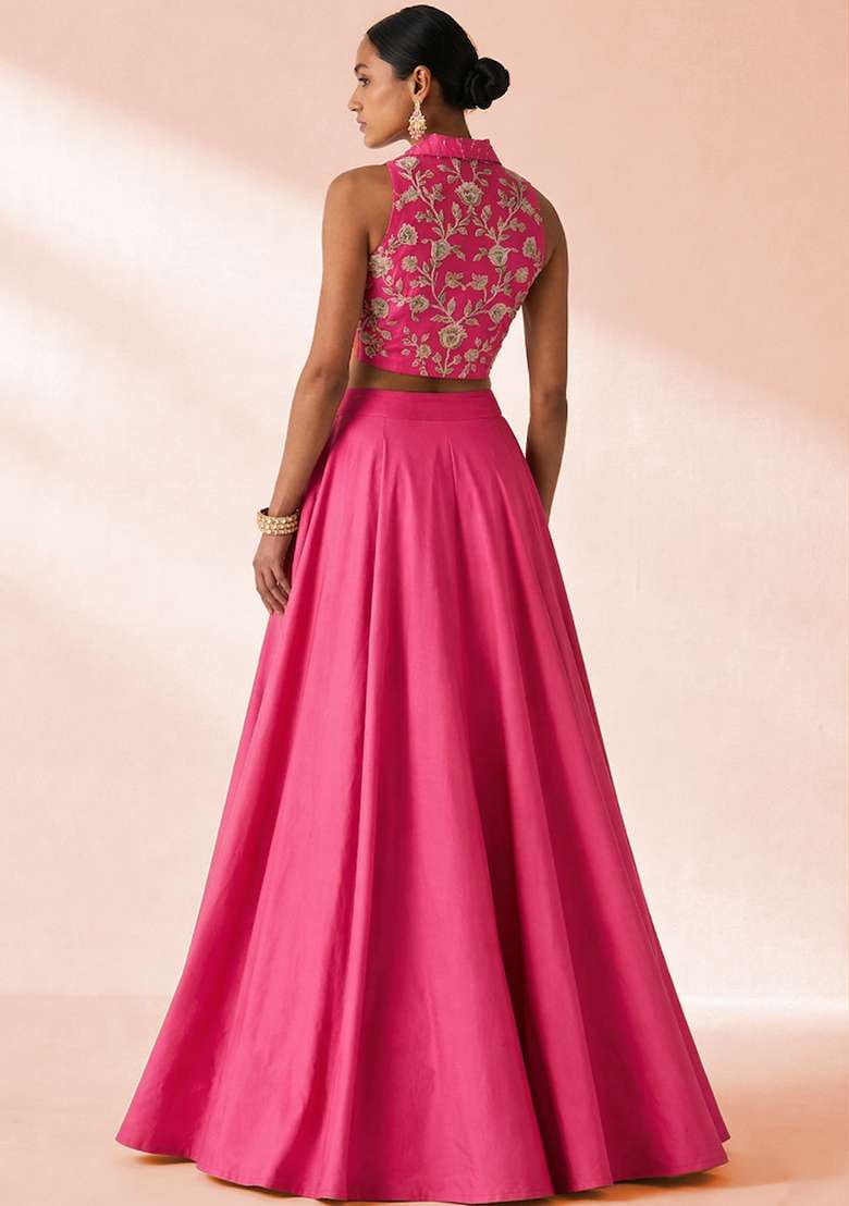 Fuchsia Pink Crepe Embroidered Handwork Lehenga Set - Indya