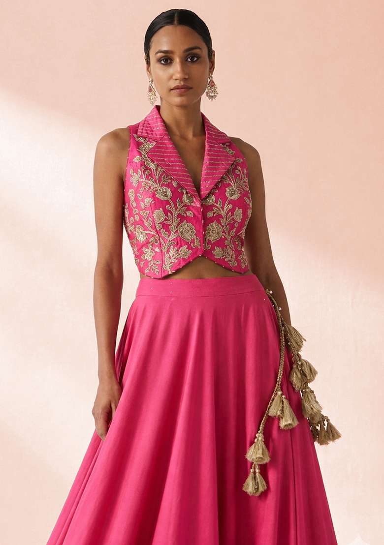 Fuchsia Pink Crepe Embroidered Handwork Lehenga Set - Indya